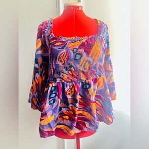 Terra & Sky Women's Bohemian Peasant Top Purple Orange Teal size 14w